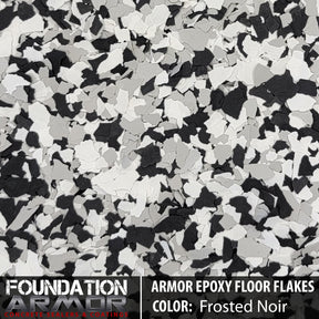 Frosted noir epoxy floor flakes from Epoxy Floor Flakes, showcasing textured, decorative black and gray epoxy coating for floors.